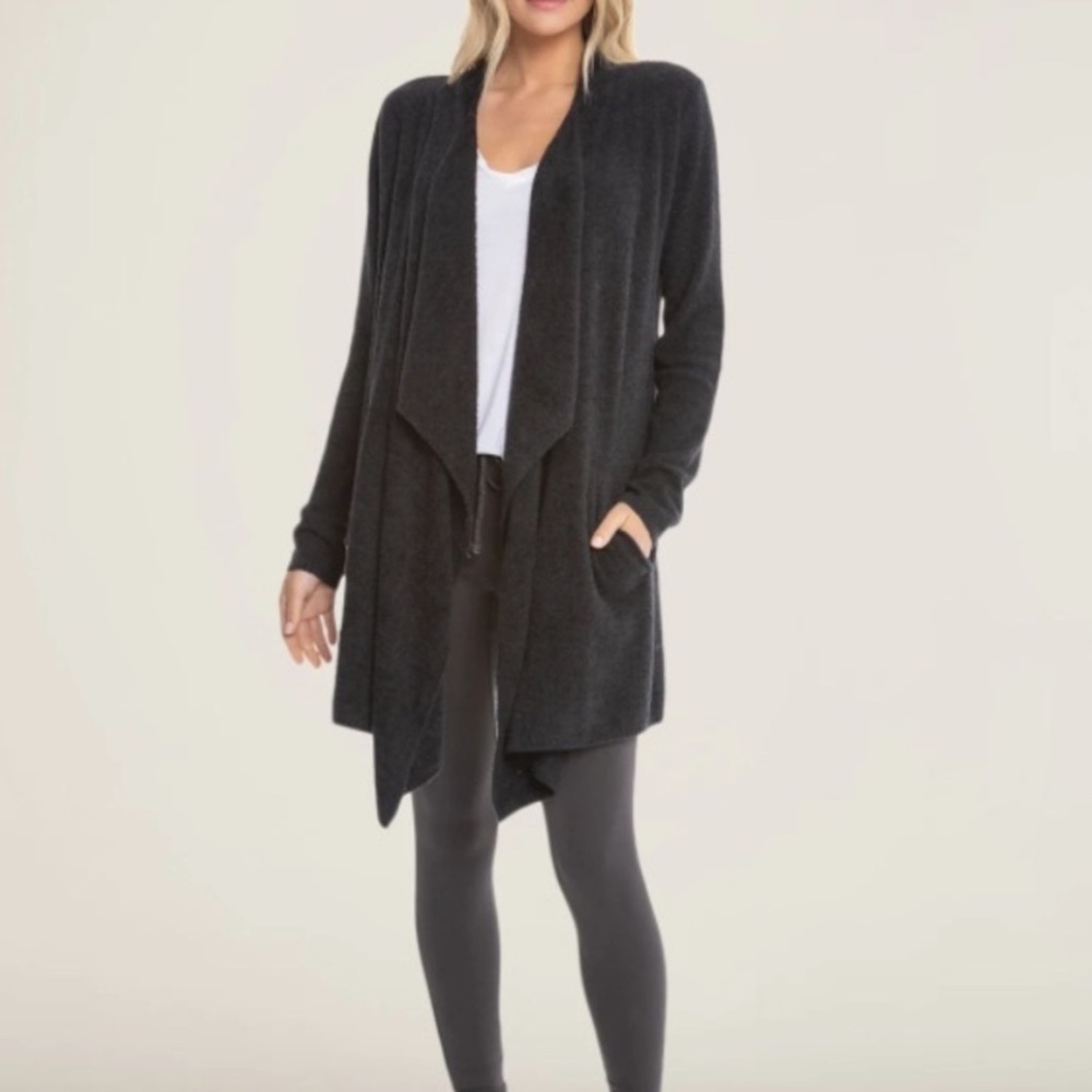 Barefoot Dreams Cozy Chic Lite Ribbed Island Wrap Cardigan Black XXS/XS Petite